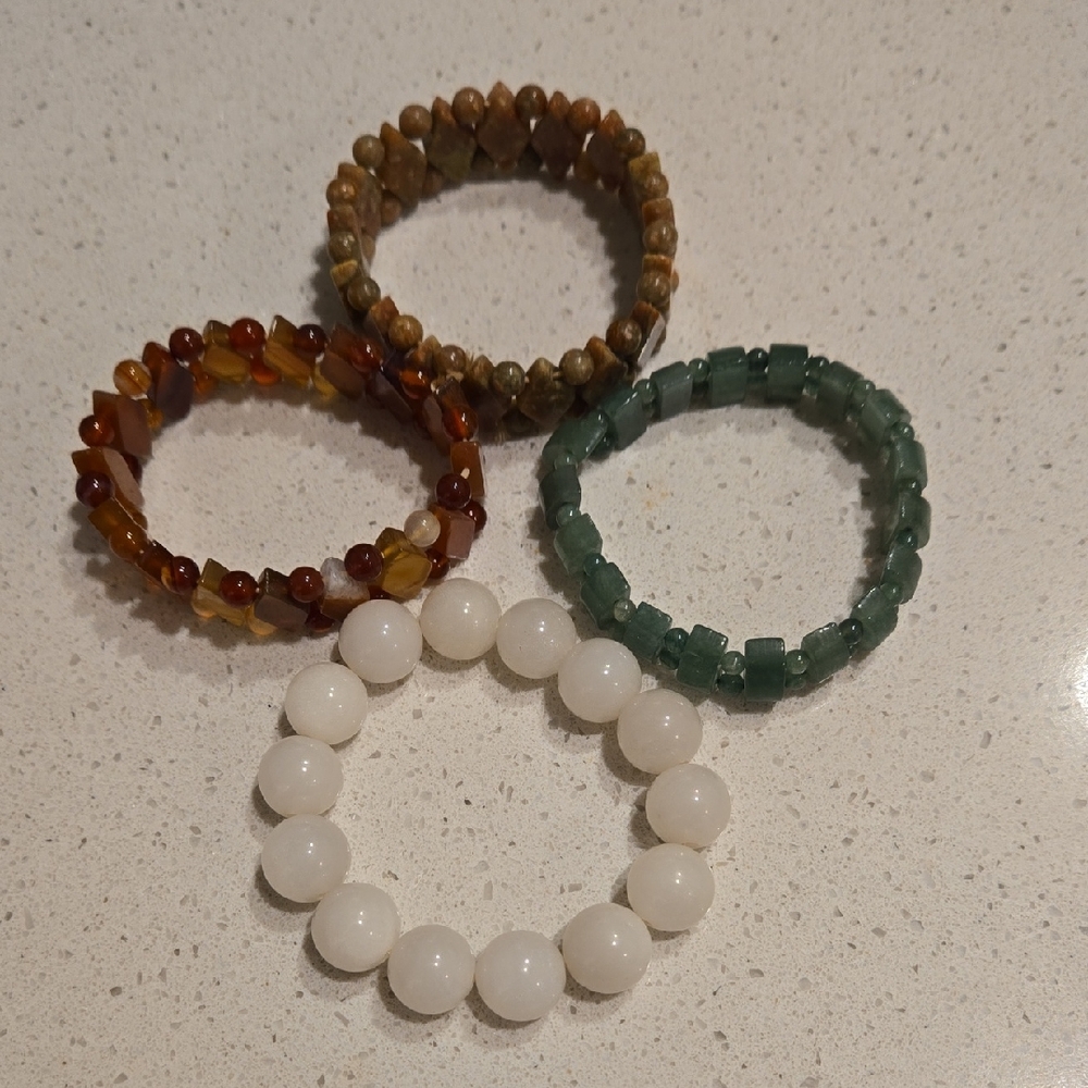 Natural Quartz Stone Stretch Bracelet Set - White, Green, Brown, Amber